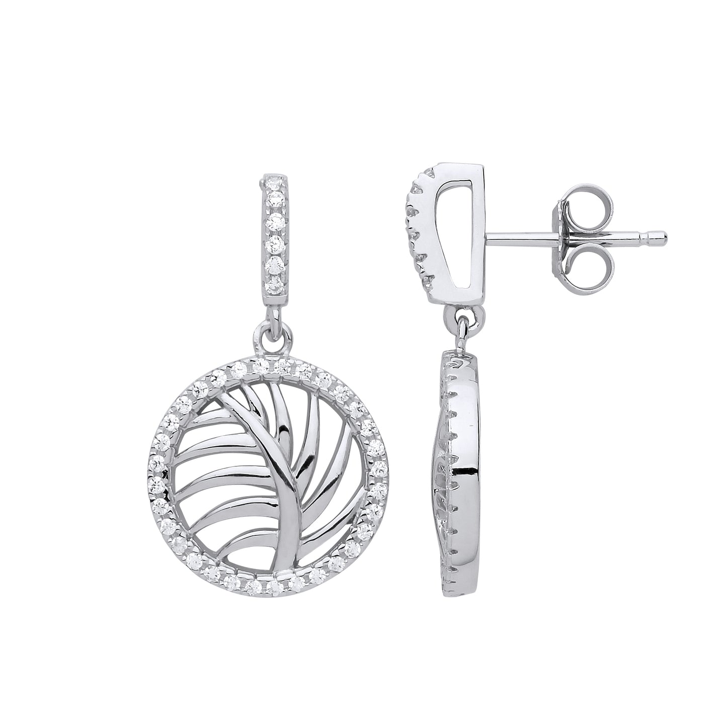 Silver  CZ Palm Tree Leaf Halo Drop Earrings - GVE838