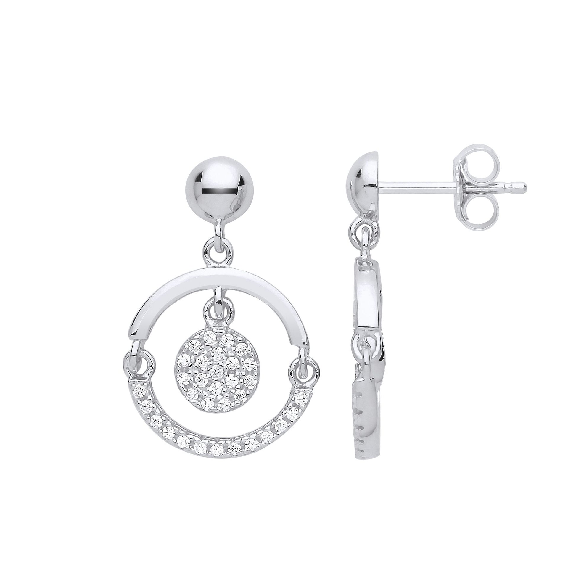 Silver  CZ Swing Hoop Disco Ball Drop Earrings - GVE848