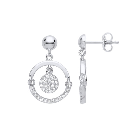 Silver  CZ Swing Hoop Disco Ball Drop Earrings - GVE848