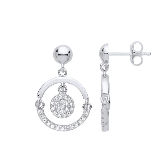 Silver  CZ Swing Hoop Disco Ball Drop Earrings - GVE848