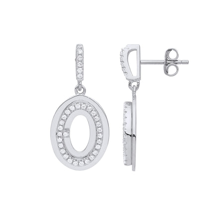 Silver  CZ Oval O Halo Drop Earrings - GVE856