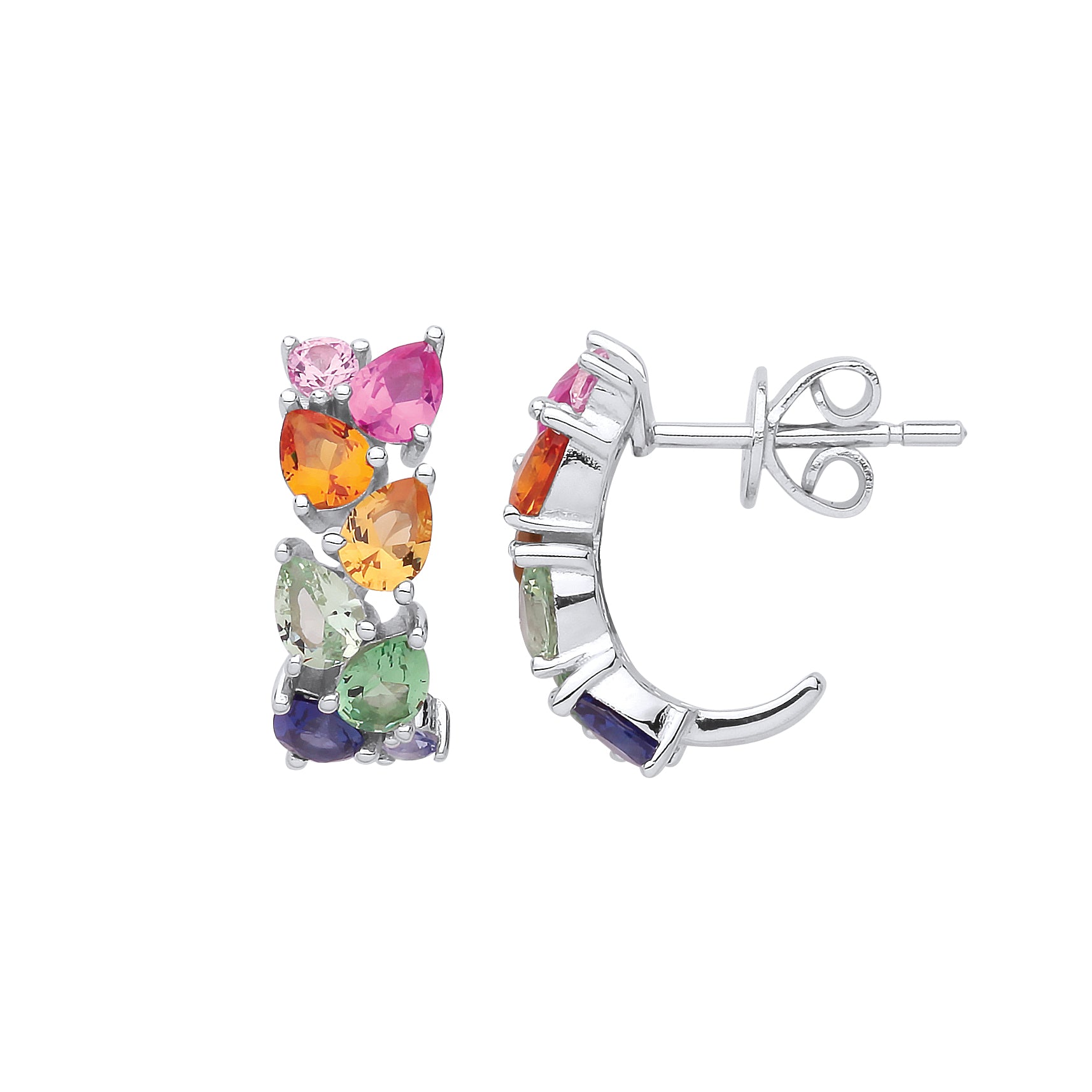 Silver  Multi Colour Pear CZ Rainbow Half Hoop Drop Earrings - GVE858