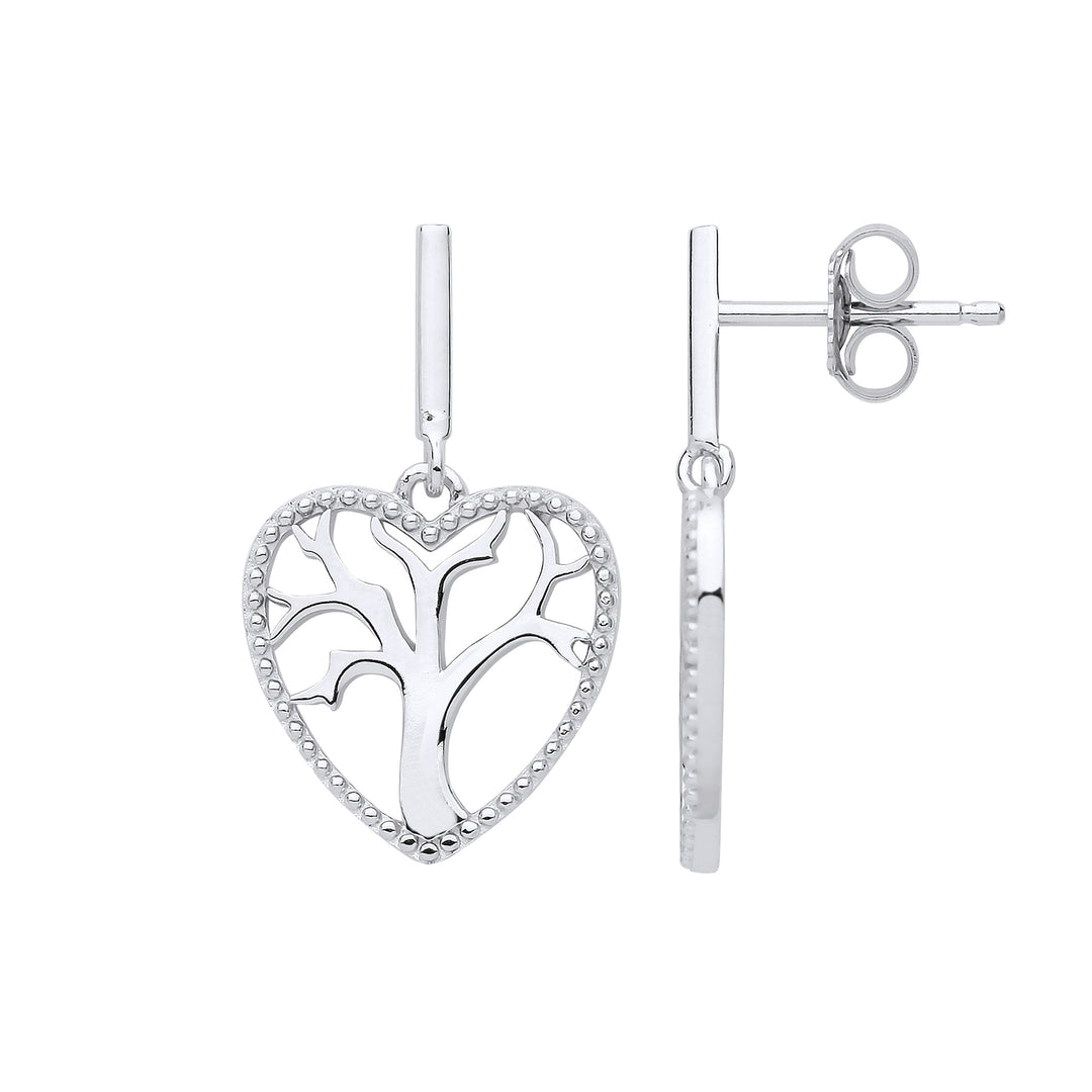Silver  Love Heart Tree of Life Drop Earrings - GVE859