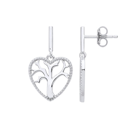 Silver  Love Heart Tree of Life Drop Earrings - GVE859