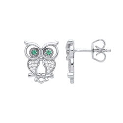 Silver  Green CZ Wise Owl Hoot Drop Earrings - GVE860