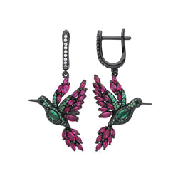Black Silver  Pink & Green Marquise CZ Hummingbird Drop Earrings - GVE862