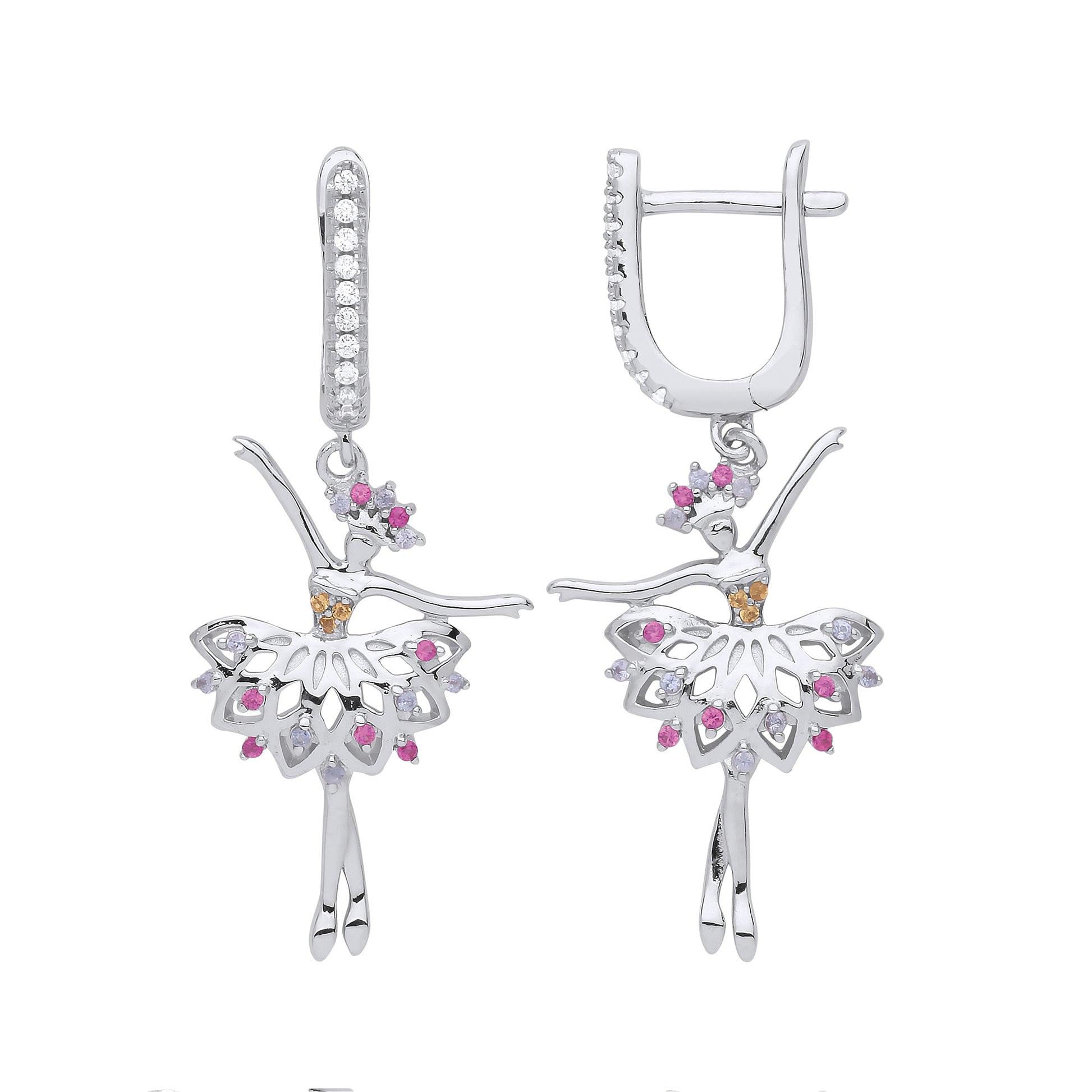 Silver  Yellow Pink Lilac CZ Ballerina Ballet Dancer Drop Earrings - GVE863