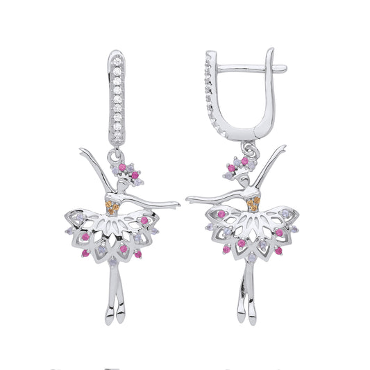 Silver  Yellow Pink Lilac CZ Ballerina Ballet Dancer Drop Earrings - GVE863