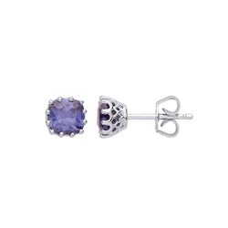 Silver  Purple Cushion Cut CZ 12 Claw Solitaire Stud Earrings - GVE865