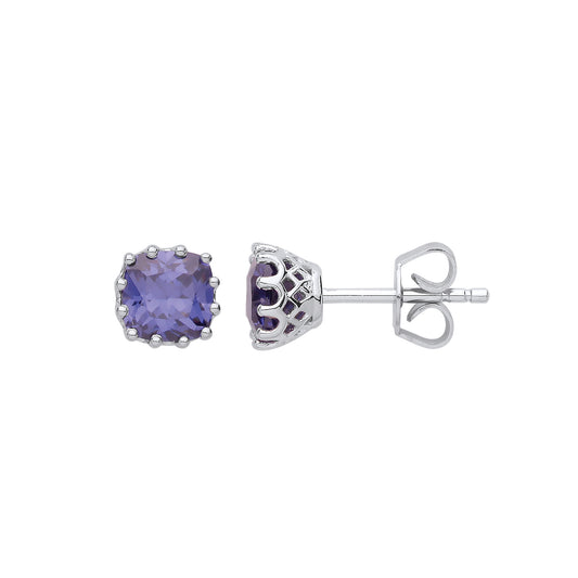 Silver  Purple Cushion CZ 12 Claw Crown Solitaire Stud Earrings 6mm - GVE865