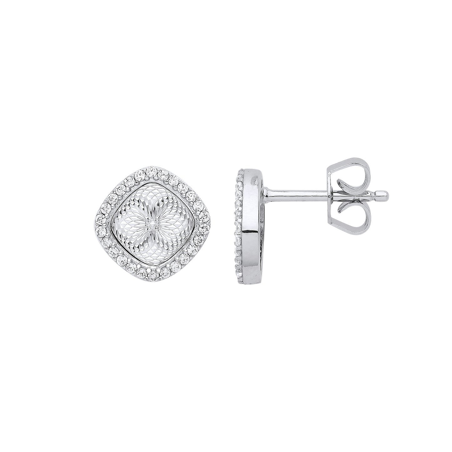 Silver  CZ Diamante-cut Kaleidoscope Guilloché Stud Earrings - GVE866