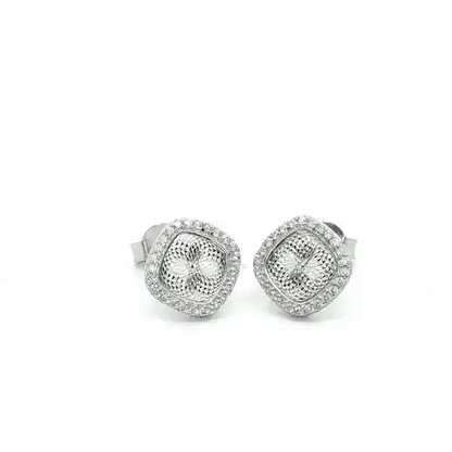 Silver  CZ Diamante-cut Kaleidoscope Guilloché Stud Earrings - GVE866