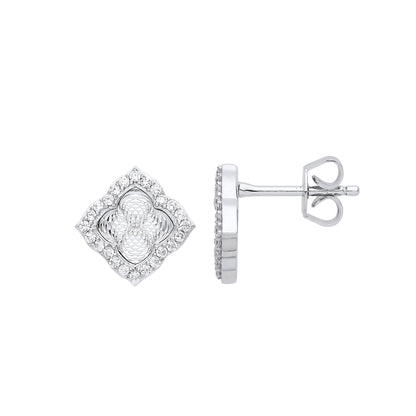 Silver  CZ Diamant-cut Kaleidoscope Guilloché Stud Earrings - GVE867