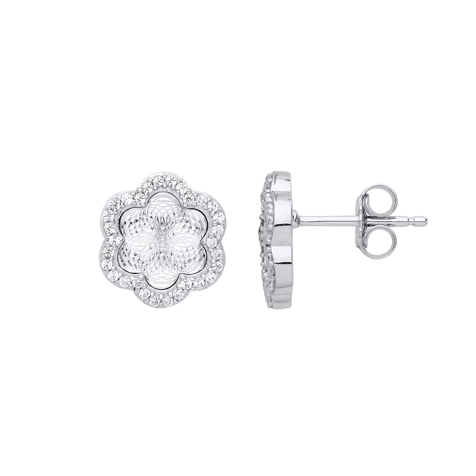Silver  CZ Diamant-cut Kaleidoscope Guilloché Stud Earrings - GVE868