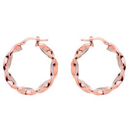 Rose Silver  Square Tube Twist Moondust Hoop Earrings 30mm - GVE895R