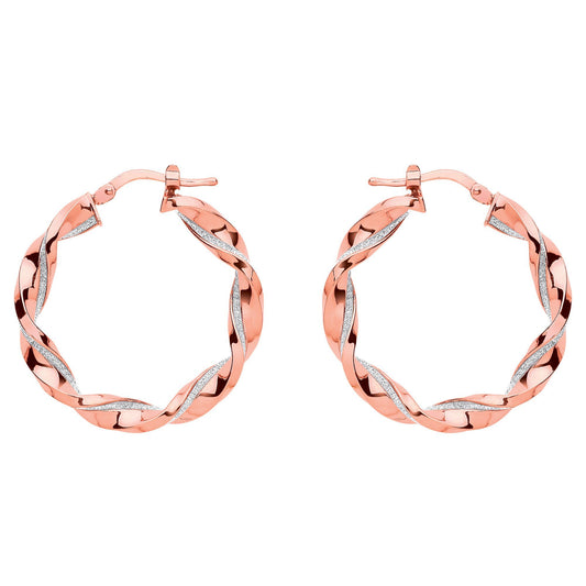 Rose Silver  Square Tube Twist Moondust Hoop Earrings 30mm - GVE895R