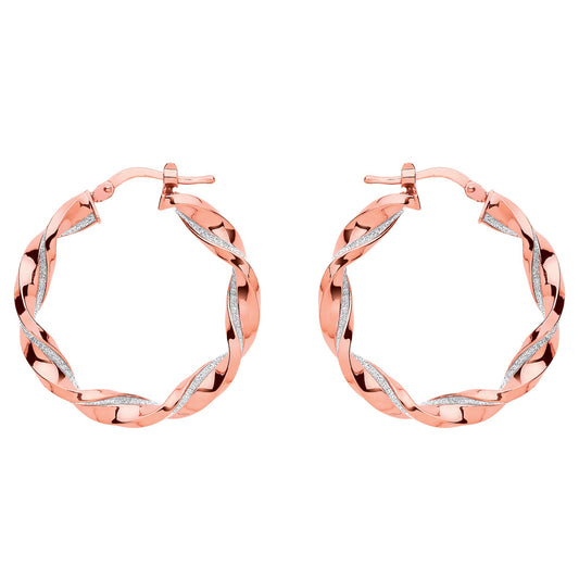 Rose Silver  Square Tube Twist Moondust Hoop Earrings 30mm - GVE895R
