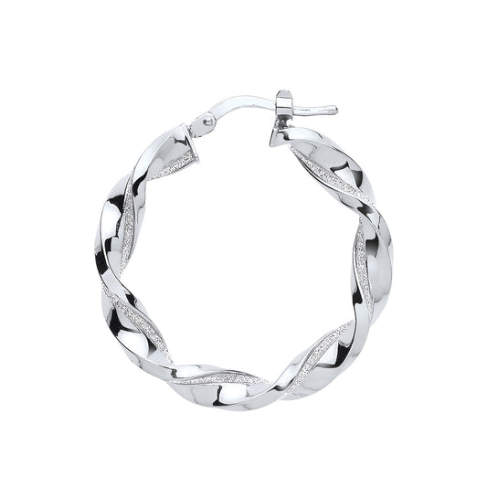 Silver  Square Tube Twist Moondust Hoop Earrings 30mm - GVE895