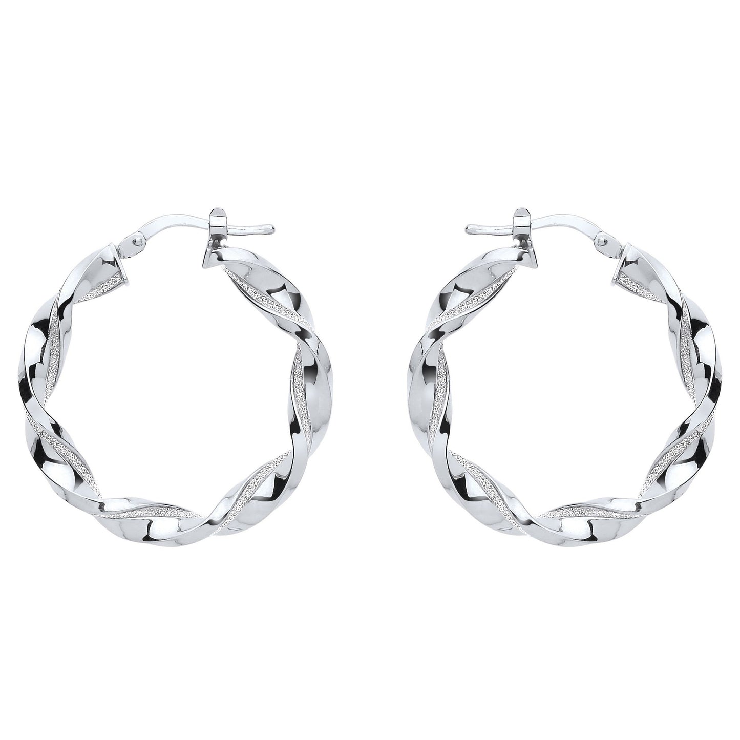 Silver  Square Tube Twist Moondust Hoop Earrings 30mm - GVE895