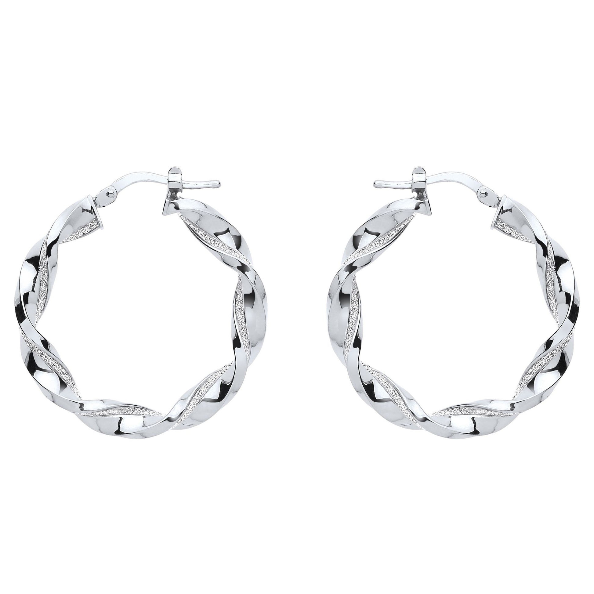 Silver  Square Tube Twist Moondust Hoop Earrings 30mm - GVE895