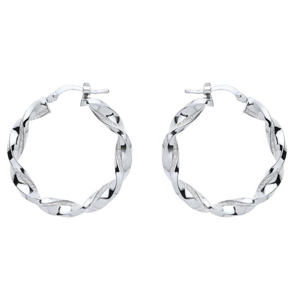 Silver  Square Tube Twist Moondust Hoop Earrings 30mm - GVE895