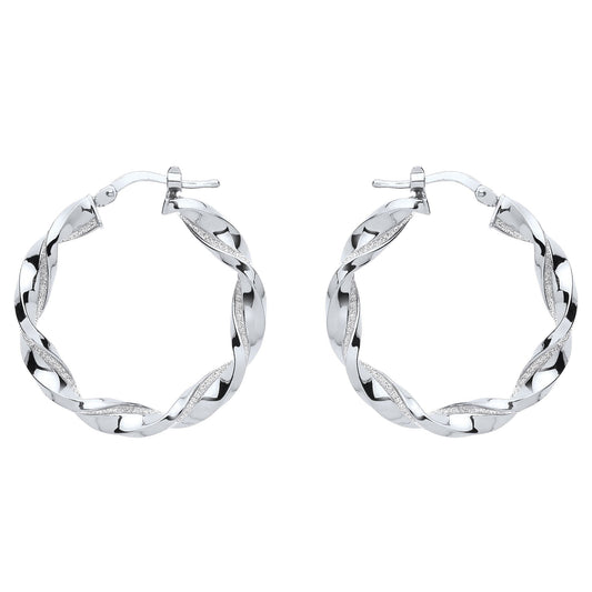 Silver  Square Tube Twist Moondust Hoop Earrings 30mm - GVE895
