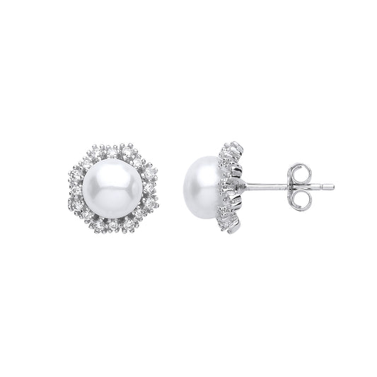 Silver  CZ Pearl Full Moon Octagon Halo Stud Earrings 7mm - GVE901