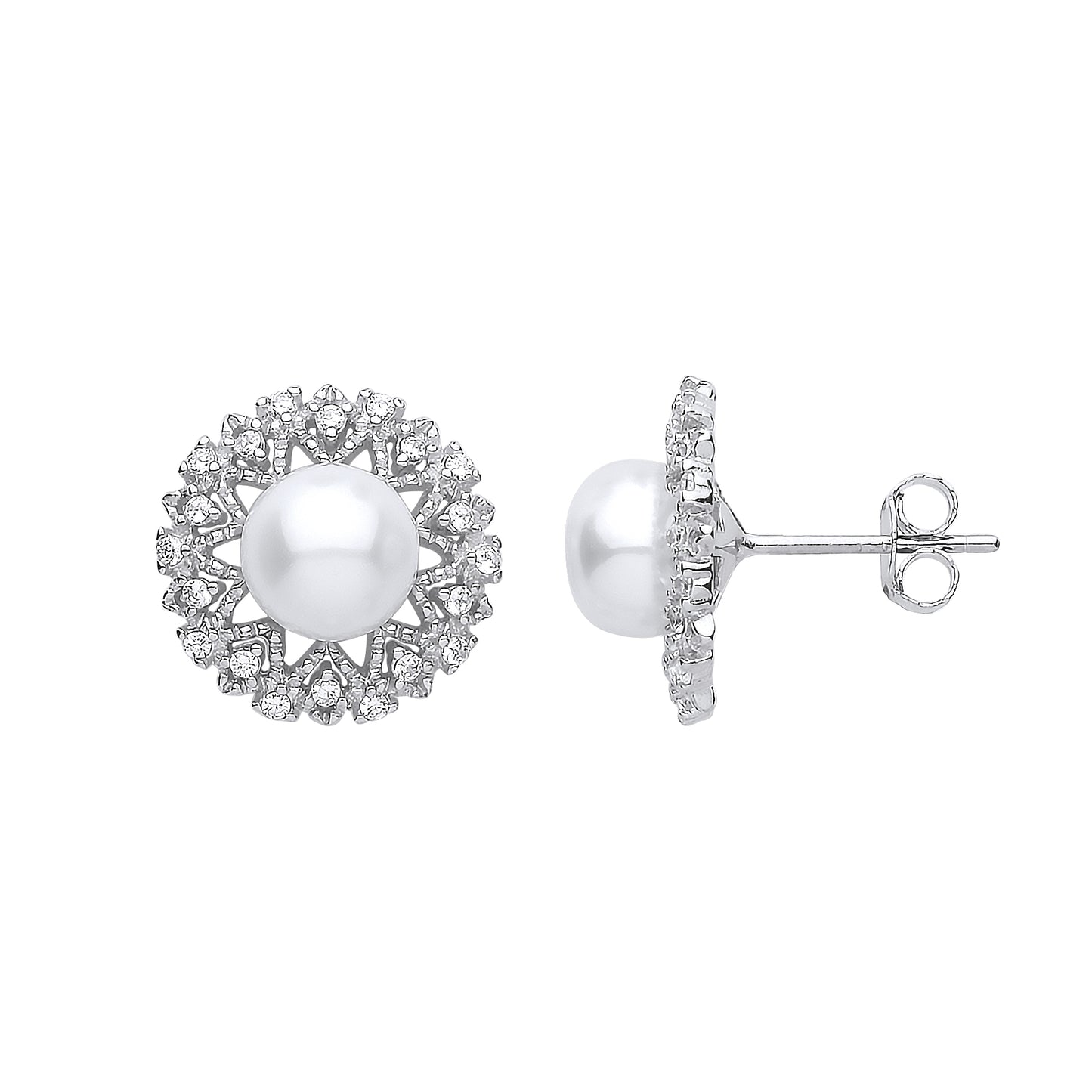 Silver  CZ Pearl Full Moon Sunburst Stud Earrings 7mm - GVE902