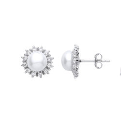 Silver  CZ Pearl Full Moon Star Burst Stud Earrings 7mm - GVE903
