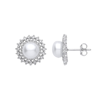 Silver  CZ Pearl Full Moon Star Burst Stud Earrings 7mm - GVE904