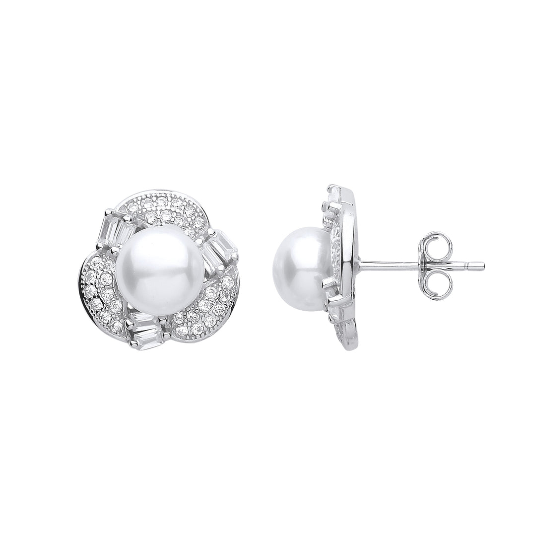 Silver  CZ Pearl Full Moon Floral Stud Earrings 7mm - GVE905