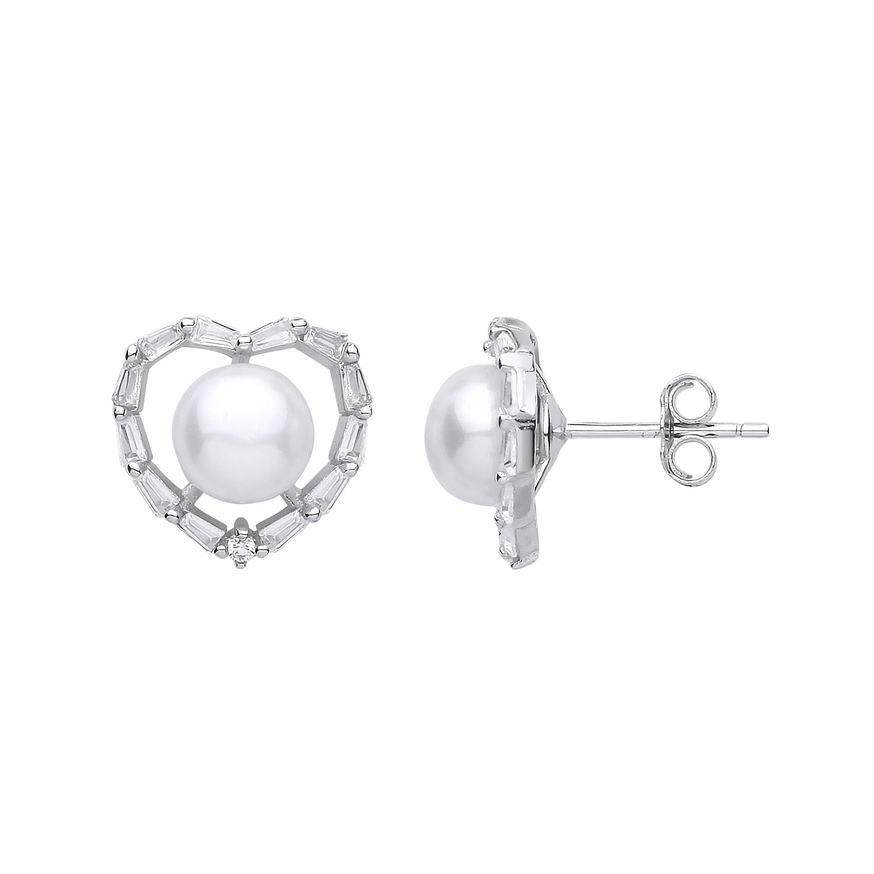 Silver  Baguette CZ Pearl Full Moon Love Heart Stud Earrings 7mm - GVE906