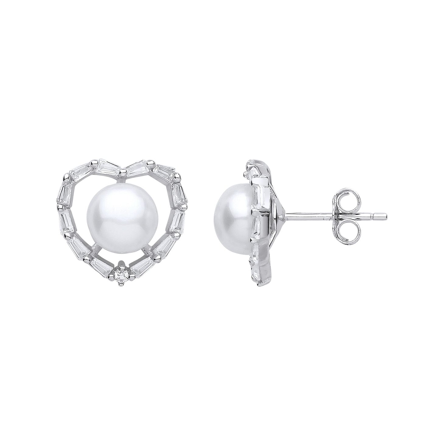 Silver  Baguette CZ Pearl Full Moon Love Heart Stud Earrings 7mm - GVE906
