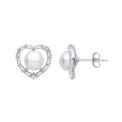 Silver  Baguette CZ Pearl Full Moon Love Heart Stud Earrings 7mm - GVE906