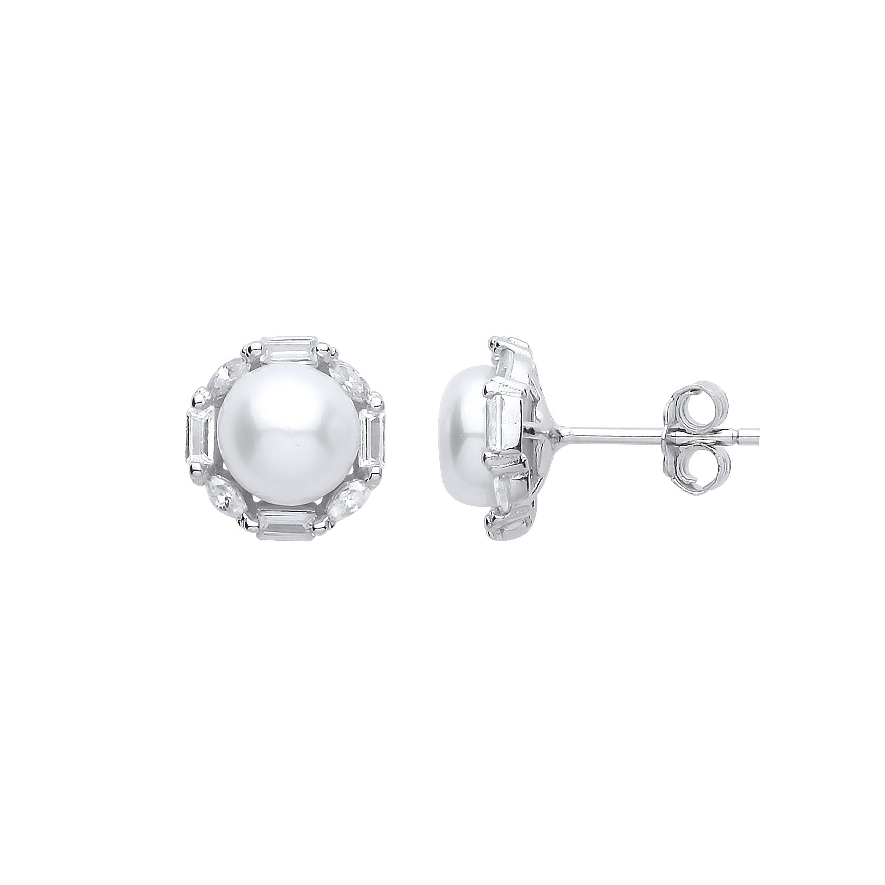 Silver  Baguette CZ Pearl Full Moon Octagon Stud Earrings 7mm - GVE907