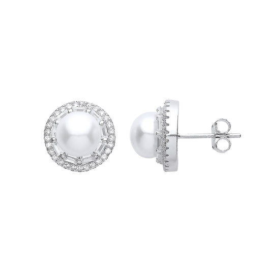 Silver  CZ Pearl Full Moon Halo Stud Earrings 7mm - GVE908