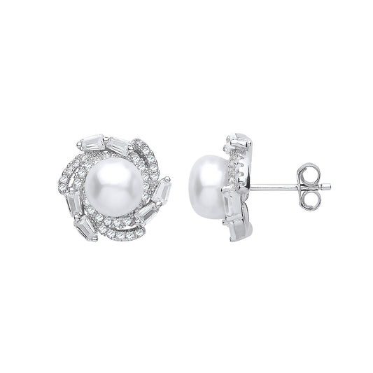 Silver  Baguette CZ Pearl Full Moon Whirlpool Stud Earrings 7mm - GVE909
