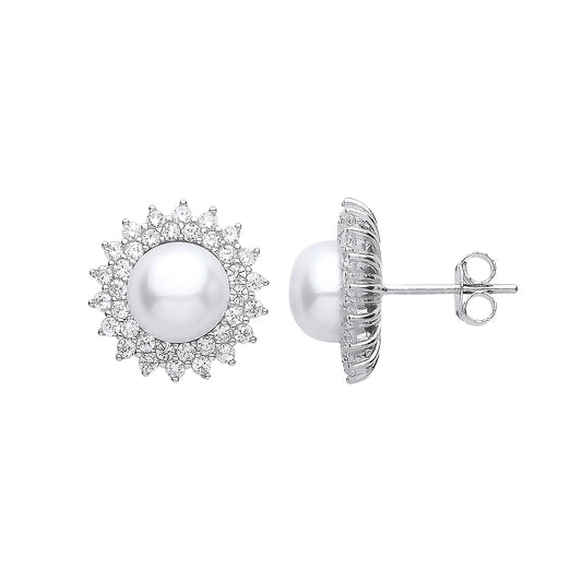 Silver  CZ Pearl Full Moon Star Burst Stud Earrings 8mm - GVE910