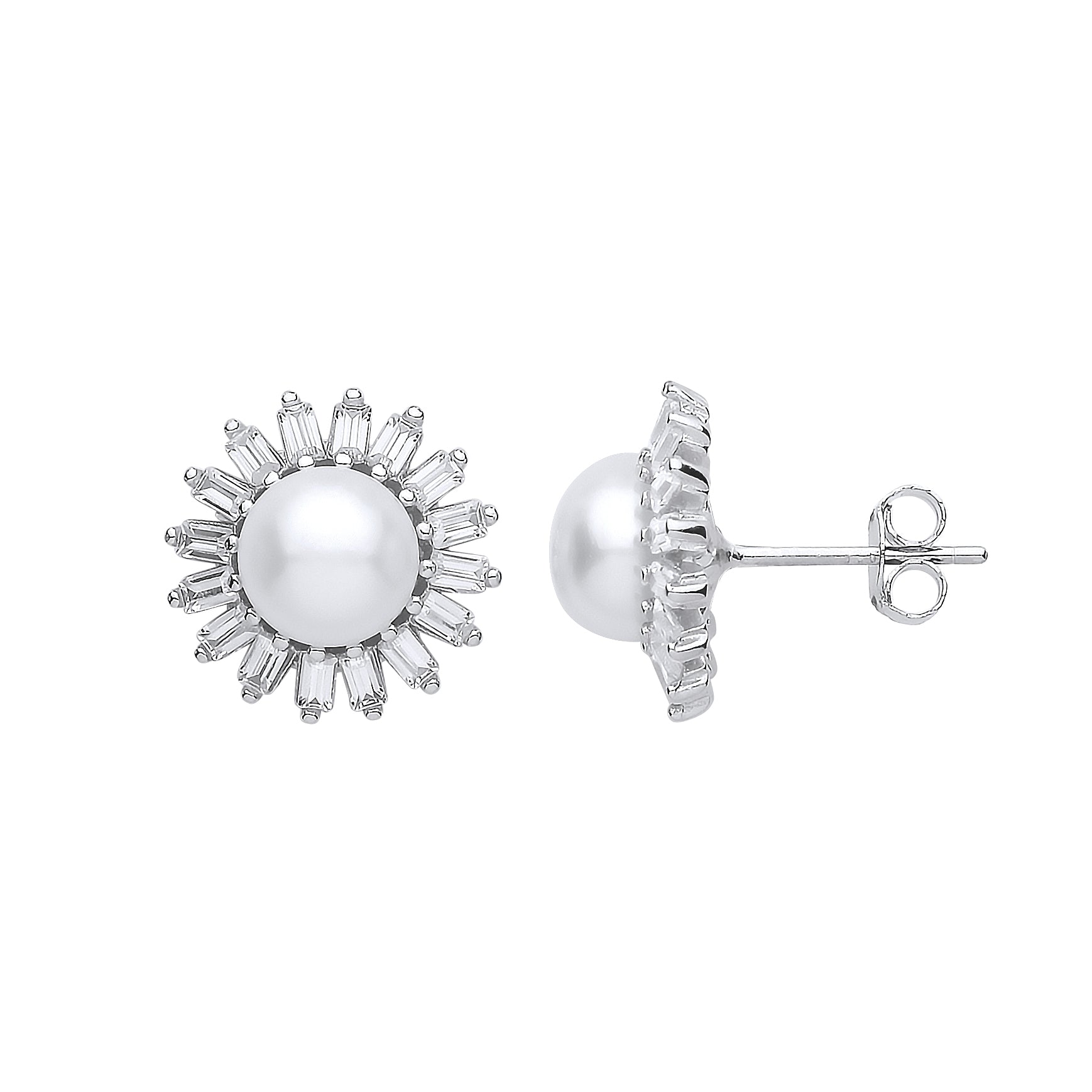 Silver  Baguette CZ Pearl Full Moon Supernova Stud Earrings 7mm - GVE911