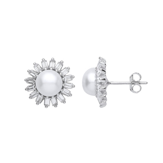 Silver  Baguette CZ Pearl Full Moon Supernova Stud Earrings 7mm - GVE911