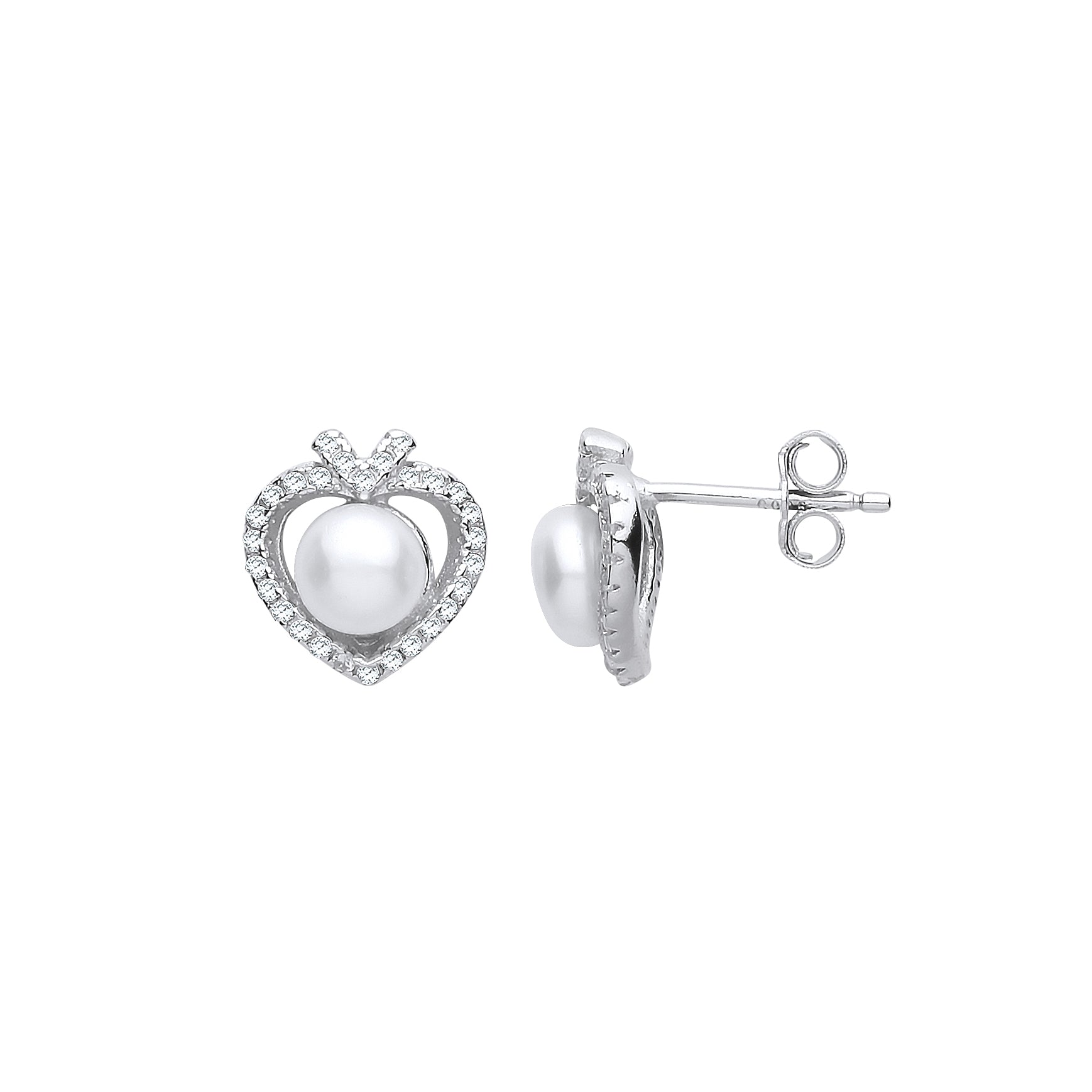 Silver  CZ Pearl Full Moon Love Heart Drop Earrings 5mm - GVE912