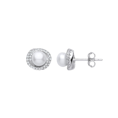 Silver  CZ Pearl Full Moon Wormhole Stud Earrings 5mm - GVE913
