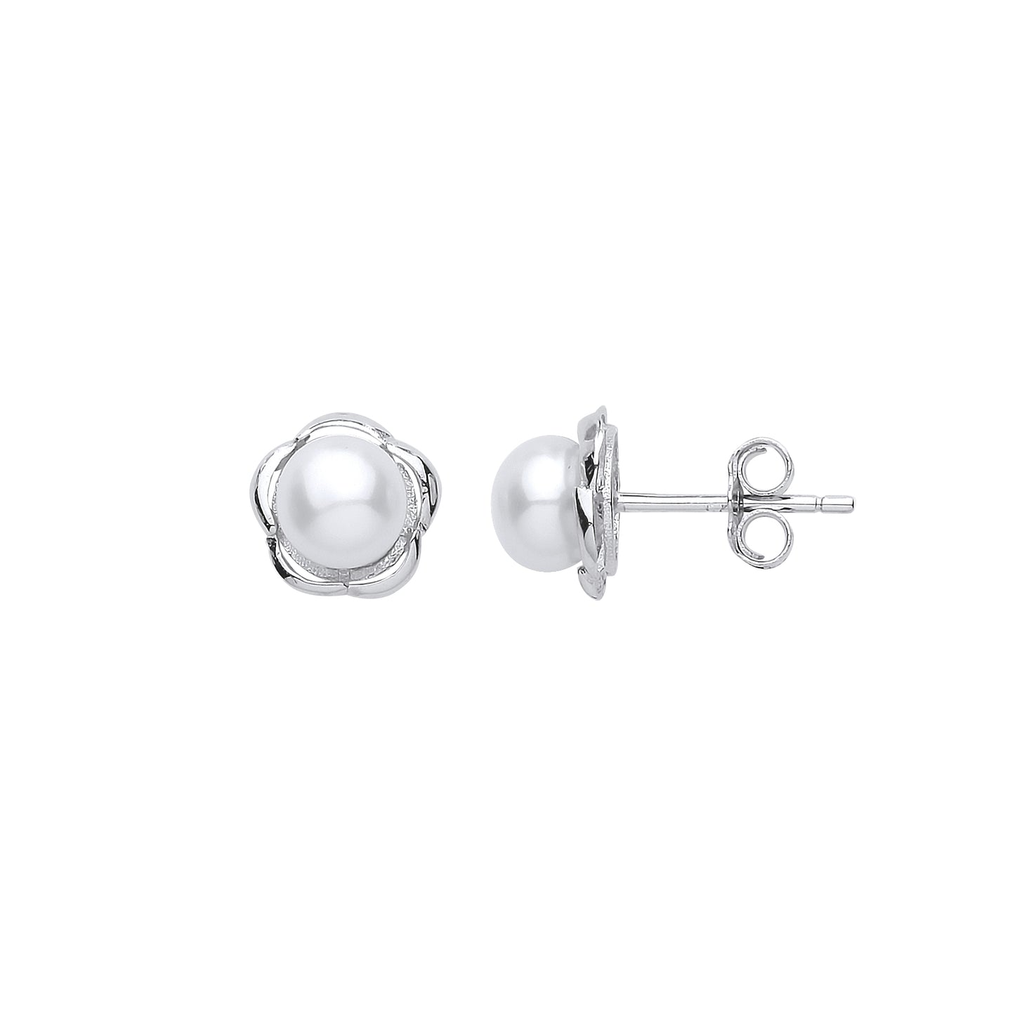 Silver  Pearl Full Moon Daisy Stud Earrings 6mm - GVE914