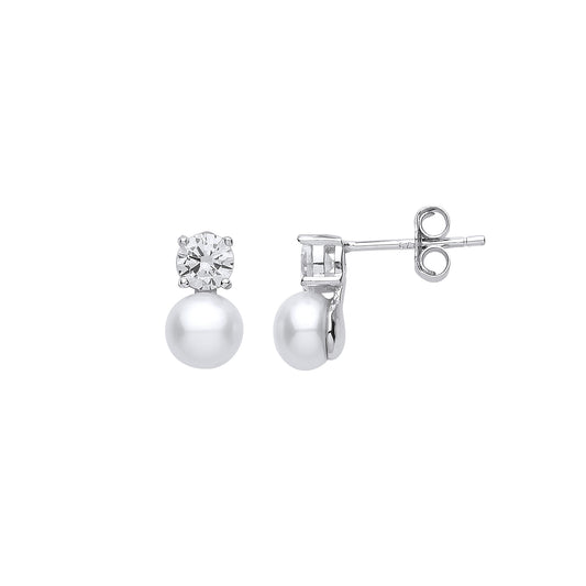 Silver  CZ Pearl 88 Dual Solitaire Drop Earrings 6mm - GVE915