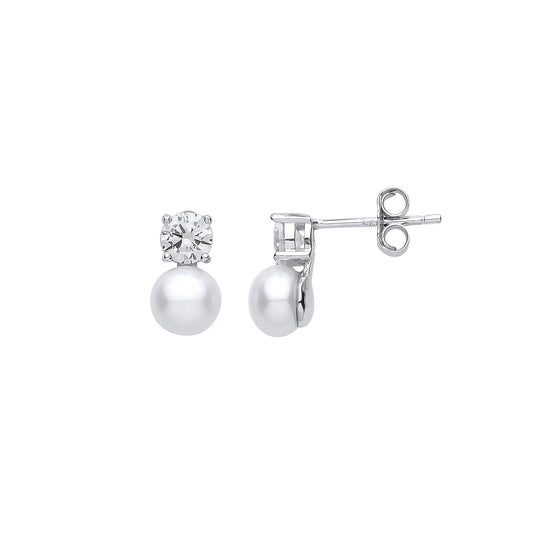 Silver CZ Pearl 88 Dual Solitaire Drop Earrings 6mm - GVE915