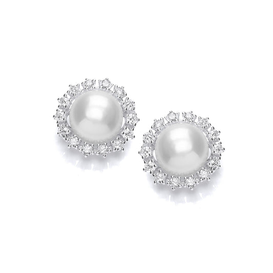 Silver  CZ Pearl Sunflower Cluster Stud Earrings 9mm - GVE916