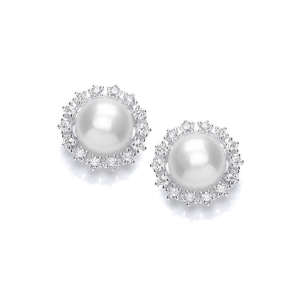 Silver  CZ Pearl Sunflower Cluster Stud Earrings 9mm - GVE916