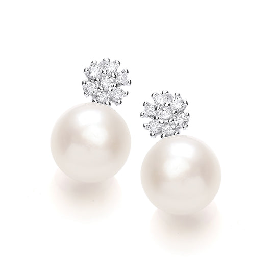 Silver  CZ Pearl Mini Cluster Drop Earrings 7mm - GVE917