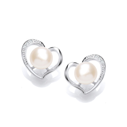 Silver  CZ Pearl Full Moon Love Heart Stud Earrings 6mm - GVE920