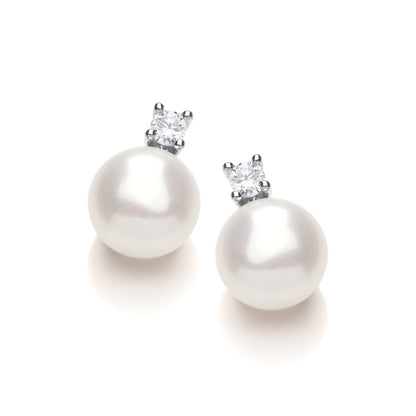 Silver  CZ Pearl Solitaire Tip Drop Earrings 8mm - GVE922